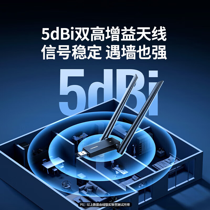 绿联USB无线网卡免驱AC1300 双频5G双天线 台式电脑WiFi接收器笔记本外置网卡 无限WiFi发射器50341