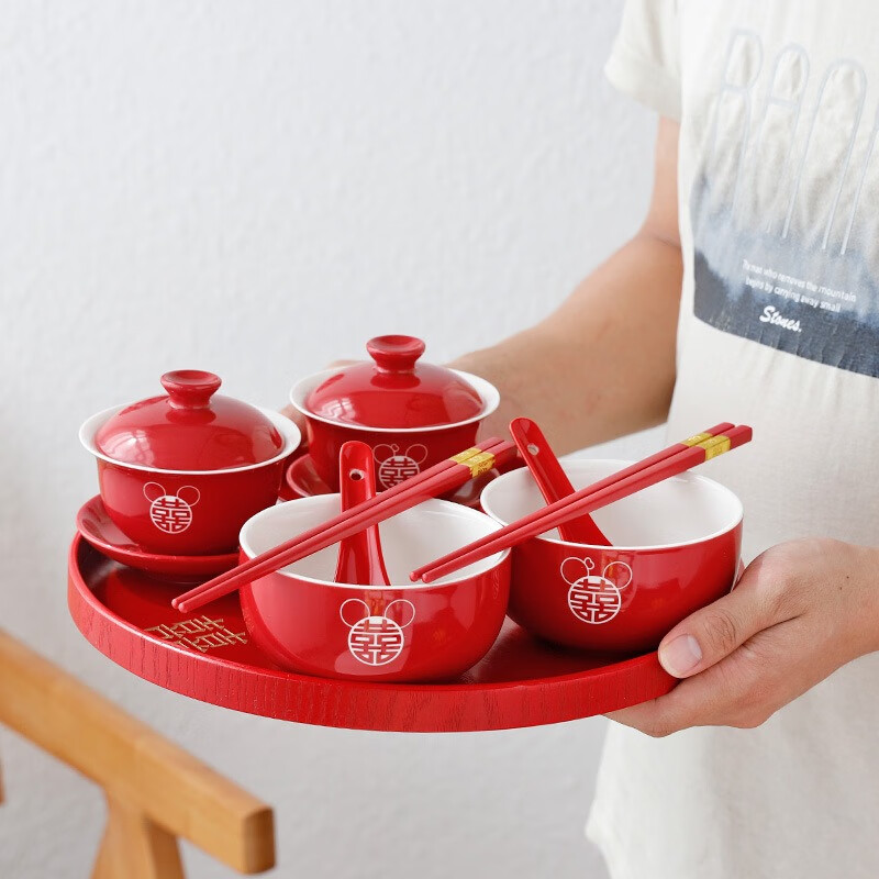 裳淇新婚陶瓷餐具碗筷敬茶杯礼盒红色结婚礼物 圆喜碗勺敬茶杯套装