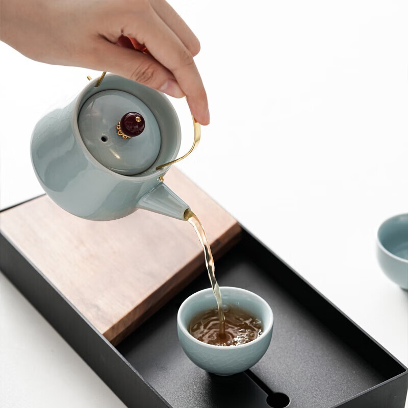 小封有礼汝 窑开片青天釉提梁壶便携茶具泡茶套装 简易功夫茶具旅行