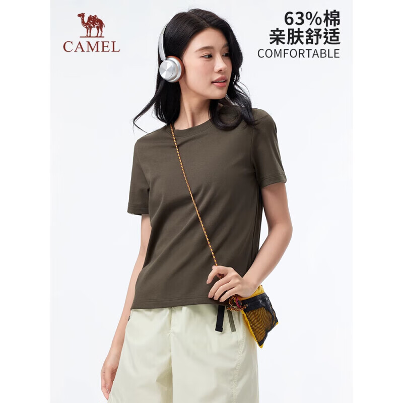CAMEL女款短袖衫 圆领T恤纯色棉质运动半袖 A25BAVV028 鳄梨绿 2XL