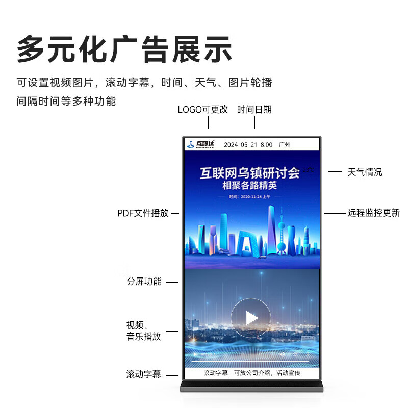 互视达75英寸4K高清全面屏广告机信息视窗医院银行智能发布落地立式窄边框数字标牌显示器LS-75FLJ
