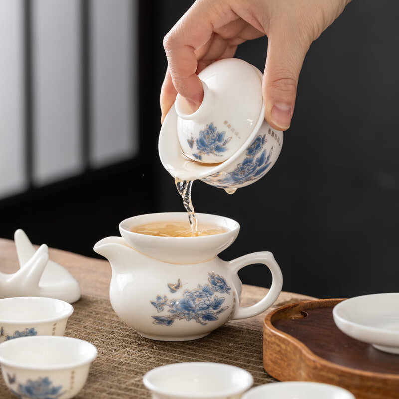 蒋莱（JANLA）德化高档羊脂玉白瓷套组 12件套【HR羊脂玉】金牡丹-高档皮盒