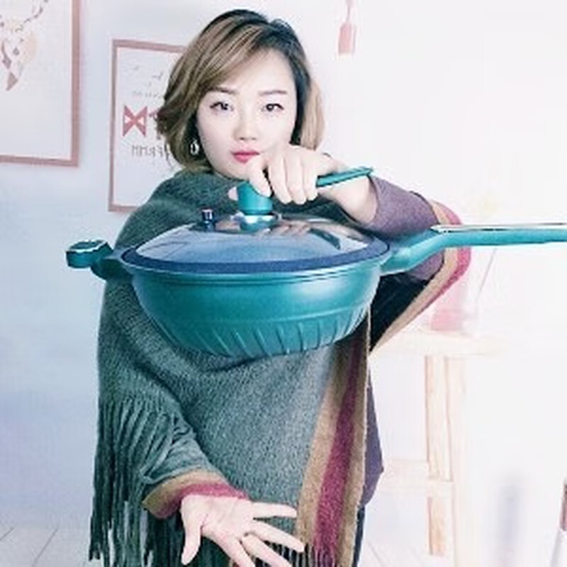 羽泰韩式麦饭石炒锅不粘锅微压炒锅平底锅炒菜锅 真空加蒸笼款