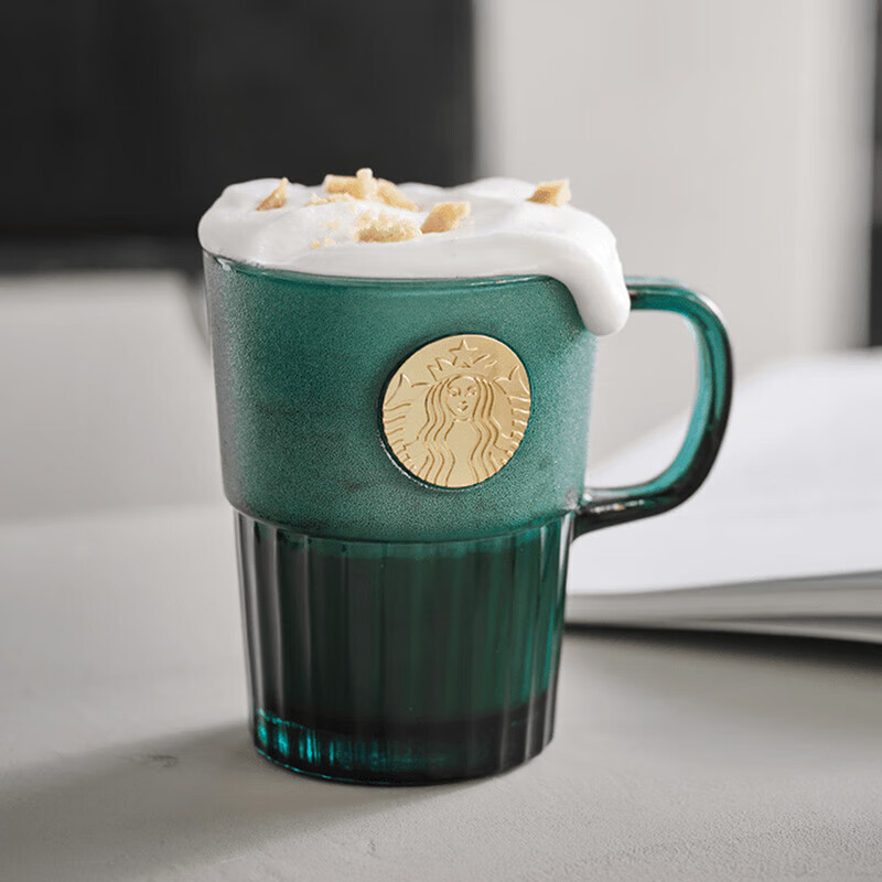 星巴克Starbucks 墨绿色女神铭牌玻璃马克杯咖啡杯办公室桌面杯400ml