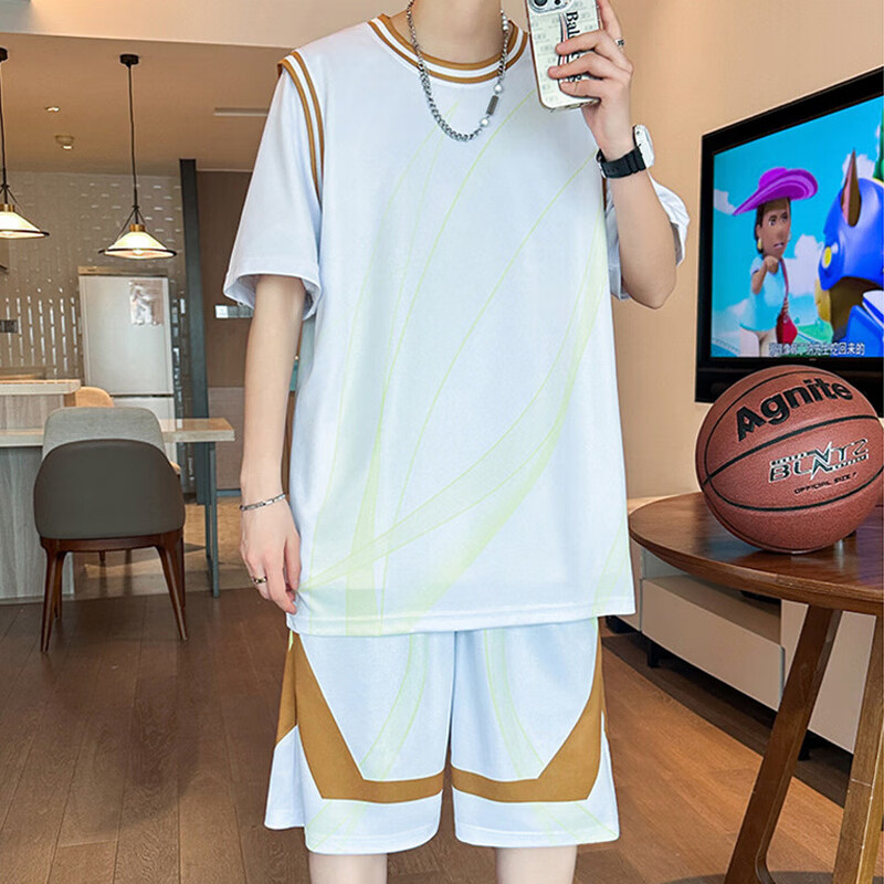 佐菲利休闲运动套装男夏季冰丝短袖短裤一套搭配帅气青少年篮球服两件套