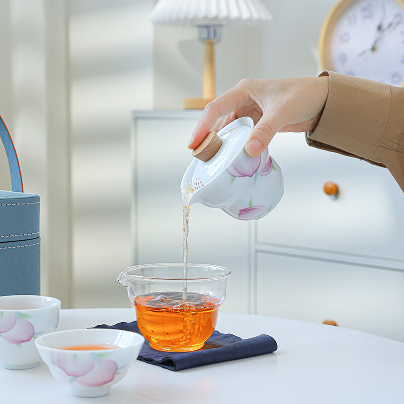 蒋莱商务陶瓷旅行茶具一壶三杯便携户外茶具-葫芦快客(桃子/亮光)