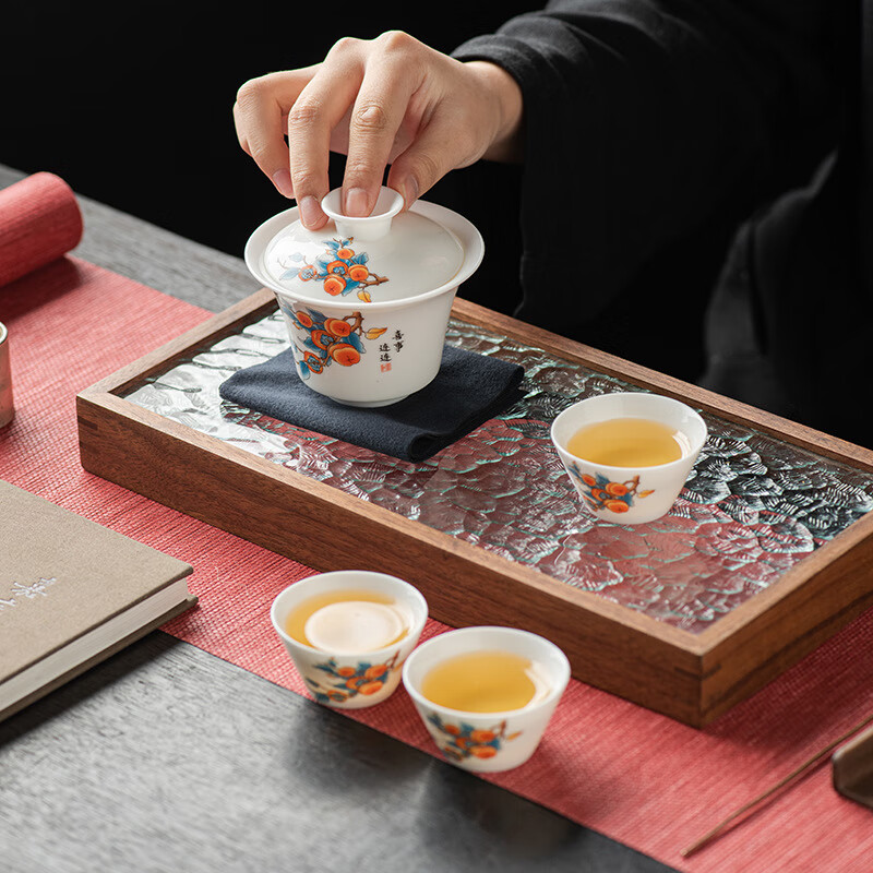 蒋莱羊脂玉白瓷旅行茶具套装 羊脂玉茶具三杯-事事如意