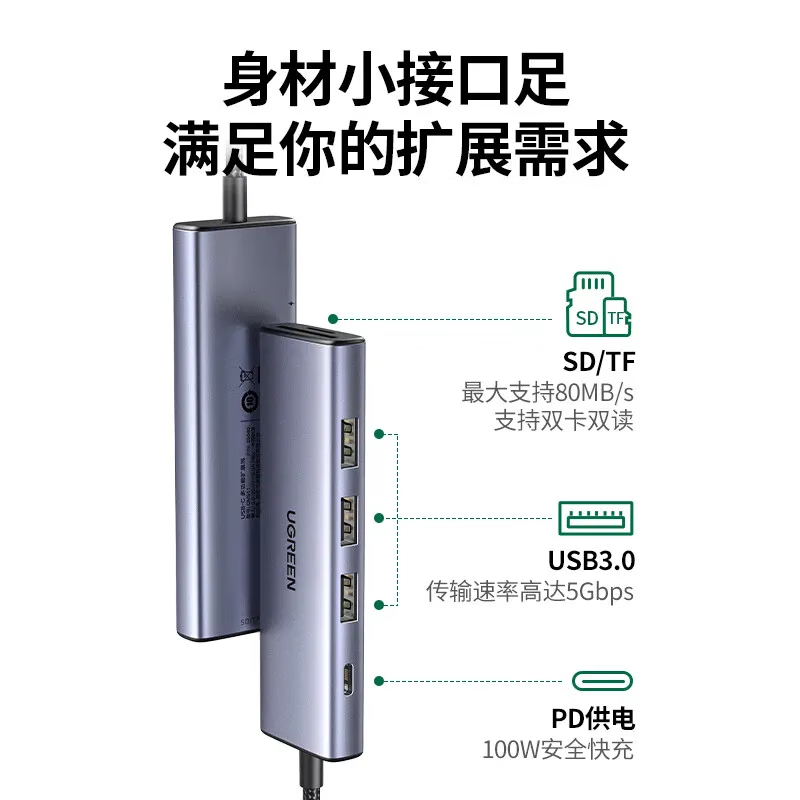 绿联 Type-C扩展坞USB-C转HDMI转换器3.0分线器转换器适用苹果Mac iPad 6合1【USB3.0+SD/TF+PD】25040