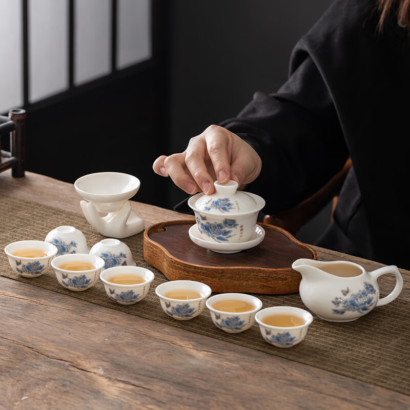 蒋莱（JANLA）德化高档羊脂玉白瓷套组 12件套【HR羊脂玉】金茶圣-高档皮盒