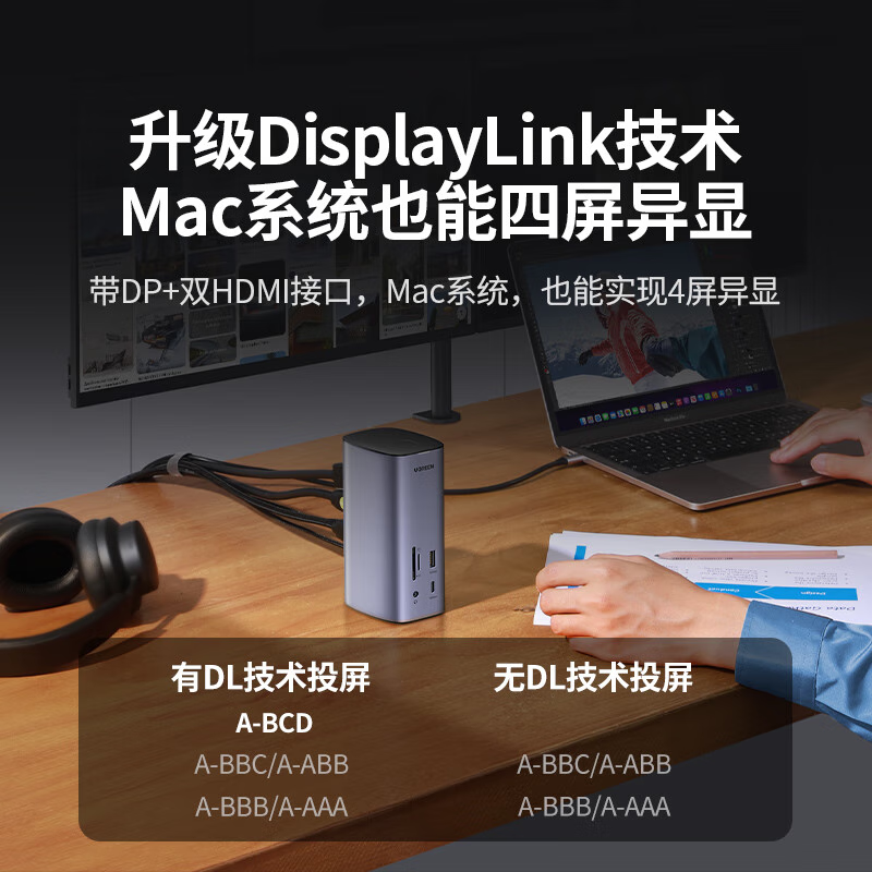 绿联 Type-C桌面立式扩展坞Mac四屏异显DisplayLink双HDMI/DP雷电4/5拓展坞 12合1【四屏异显】90325