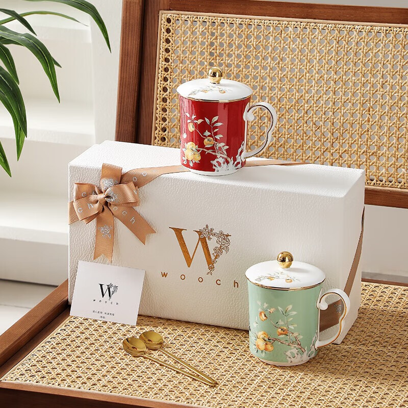 物取（WOOCH）高档带盖马克杯礼盒装 柿柿如意-淡绿+嫣红对杯+白礼盒 W083