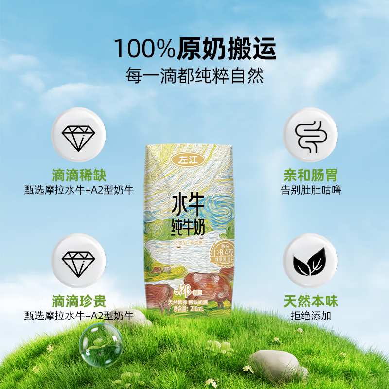左江 高钙儿童学生成人早餐奶 a2β-酪蛋白水牛纯牛奶  210ml*10盒