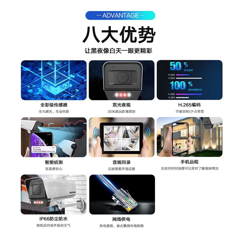 海康威视 HIKVISION 200万全彩夜视高清摄像机 POE网线 手机远程人形检测监控器DS-2CD1T25-LA 6mm 送支架