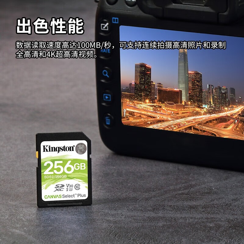 金士顿（Kingston）SD卡相机存储卡单反微单相机内存卡 class10 SDS2/256GB【V30丨读速100MB/s】