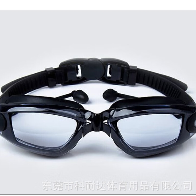 KND成人近视游泳镜连体耳塞电镀防雾高清泳镜黑色透明平光镜opp袋装