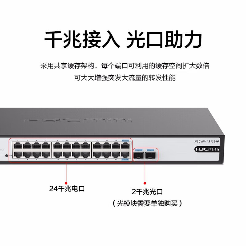 H3C新华三 Mini S1224F 企业级网络交换机 机架式即插即用网线分流器 24口千兆电+2千兆光纤口非网管