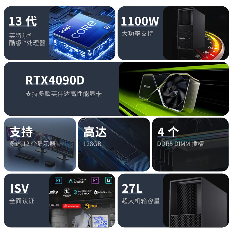 联想（Lenovo）ThinkStation P3图形工作站台式机 DeepSeek部署设计i9-13900K/16G/512G+2T/RTX4070TI-12G定制