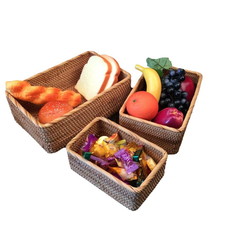 宇艺天使越南秋藤编收纳篮手工编织收纳筐编制收纳盒桌面方形三件套 粗边小方形三件套