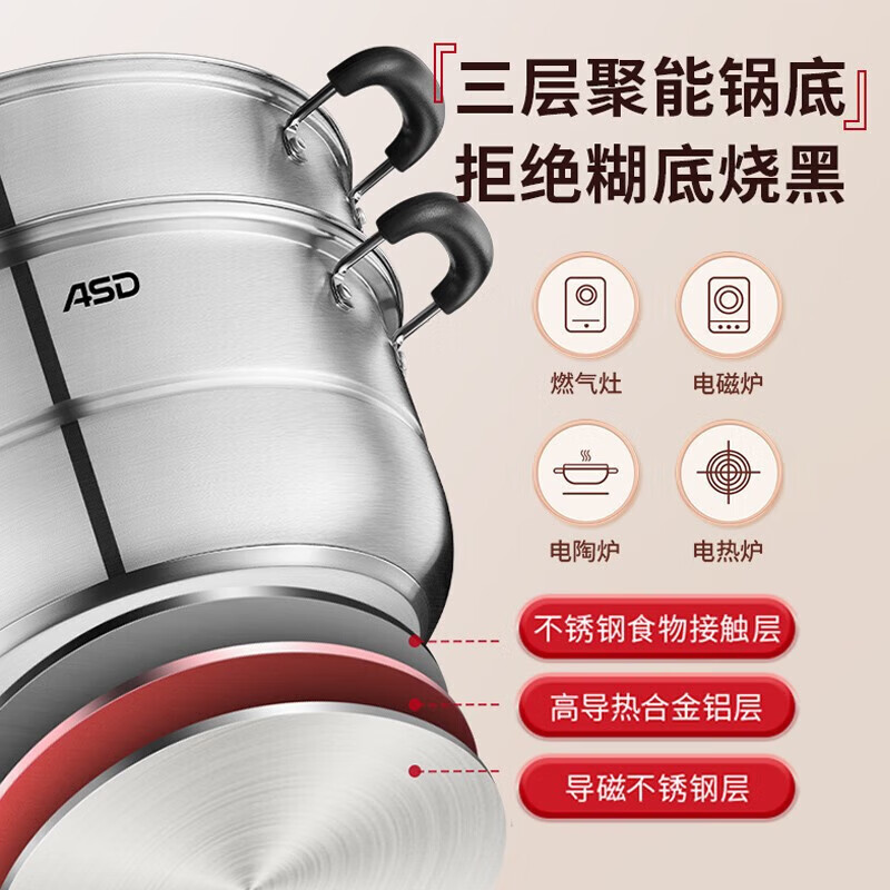 爱仕达（ASD）蒸锅不锈钢锅双层蒸馒头煲汤锅30CM复底电磁炉燃气通用QVL1530