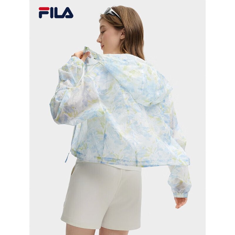 斐乐（FILA）官方女梭织外套2025夏新时尚休闲宽松满印连帽上衣天晴蓝XL