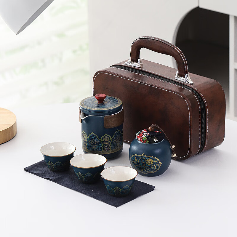 陶知德陶瓷旅行茶具便携包快客杯一壶三杯茶叶罐茶具套装伴手礼 红色