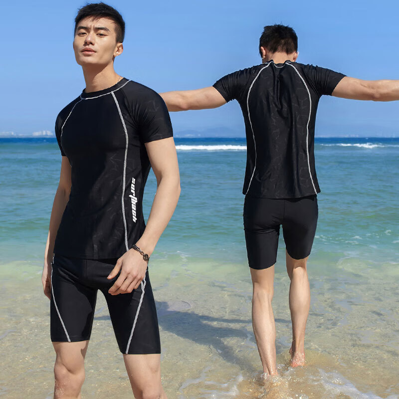 拓浪士男分体泳衣短袖五分裤套装速干防晒学生学游泳衣 黑色  5XL