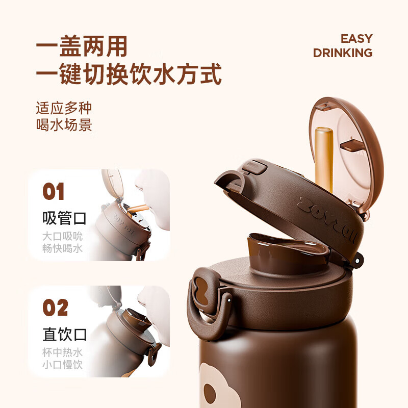茁伊（zoy zoii）儿童保温杯吸管杯带肩带 【呆呆狮】316不锈钢-礼盒 500ml