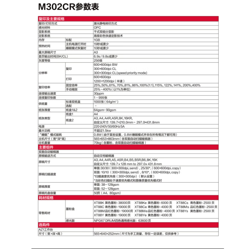 得力（deli） M302CR彩色数码多功能复合机(白色)无线/密码打印 标配双纸盒30页/分A3彩色一体机打印机