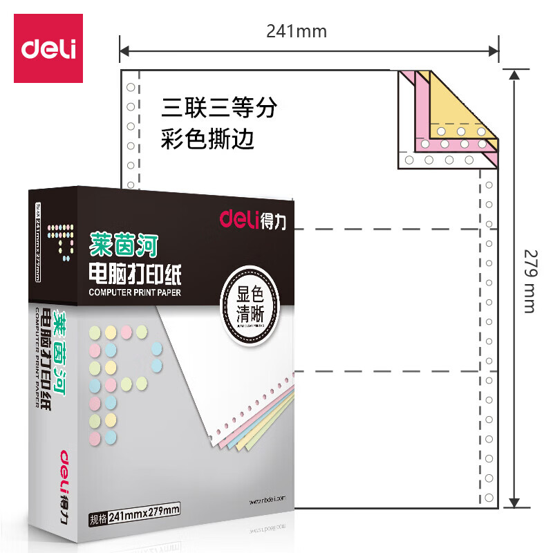 deli得力莱茵河L241-3电脑打印纸(1/3CS彩色撕边)(1000页/盒)