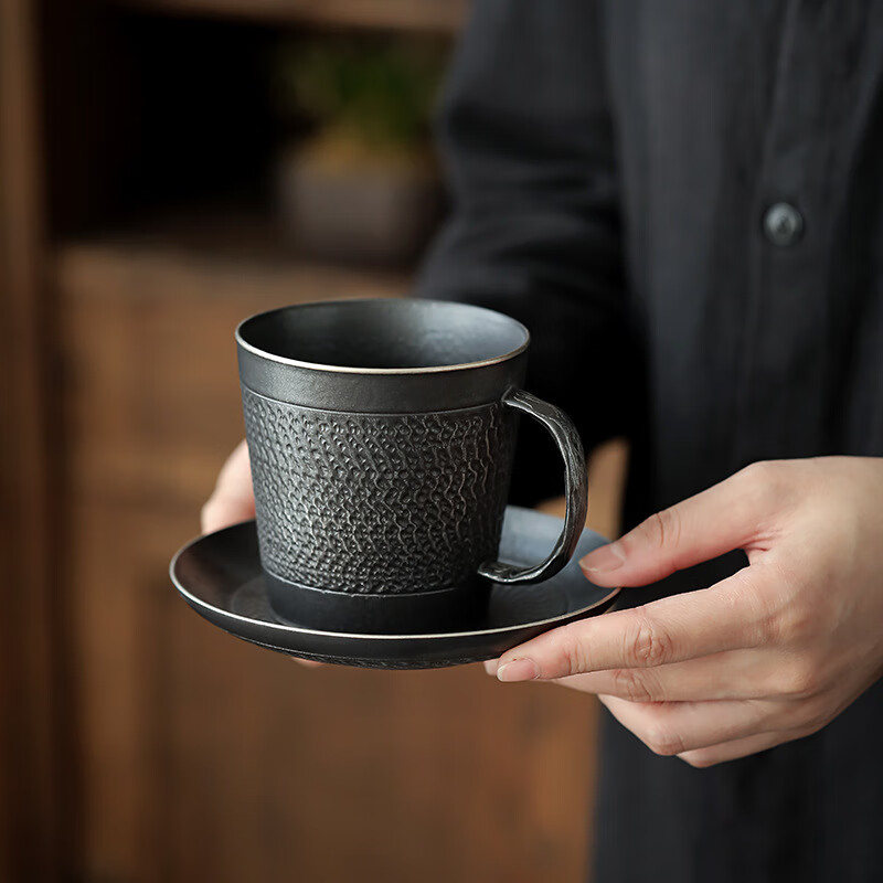 水墨当清黑玄陶瓷咖啡杯时尚马克杯水杯大容量创意茶具 银黑咖啡杯