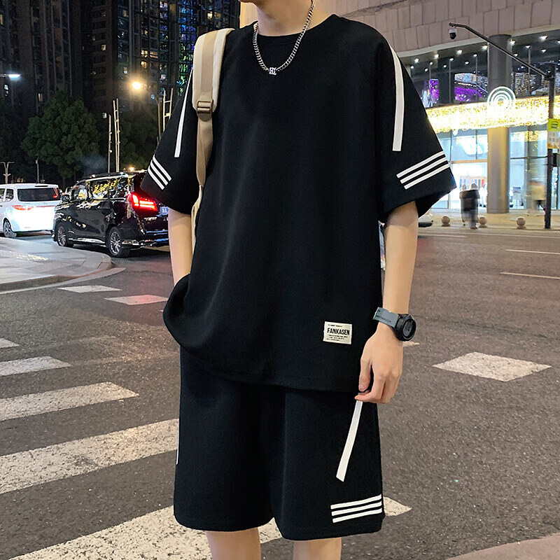 佐菲利休闲运动套装男款夏季新款青少年宽松冰丝条纹短袖t恤短裤一整套