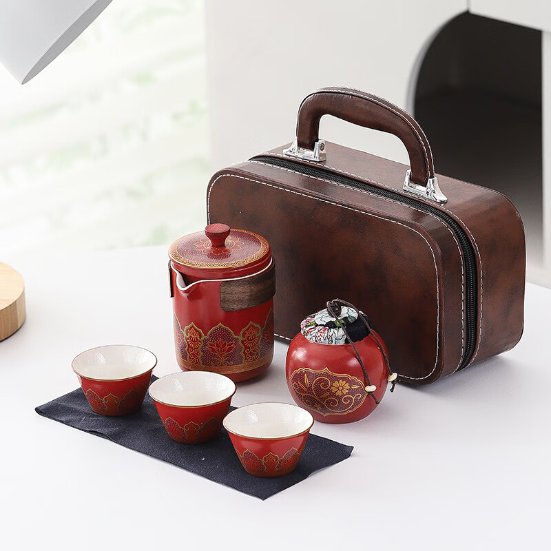 陶知德陶瓷旅行茶具便携包快客杯一壶三杯茶叶罐茶具套装伴手礼 红色