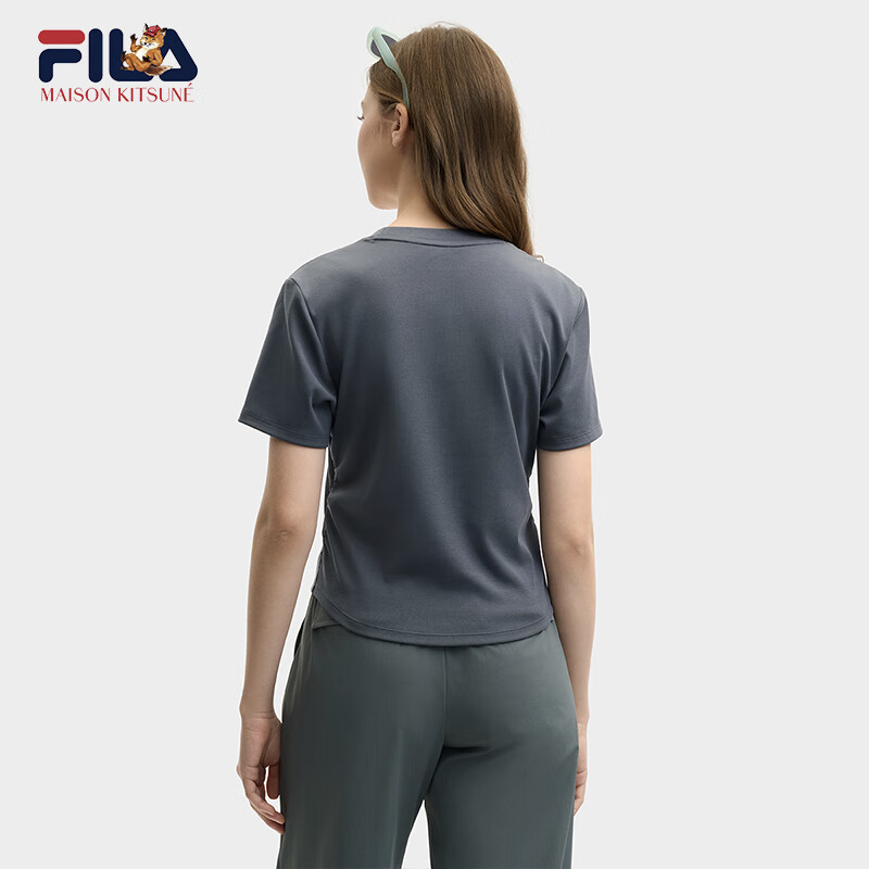 FILA FUSION斐乐官方女子针织短袖衫2025夏季新款简约修身小狐狸刺绣T恤