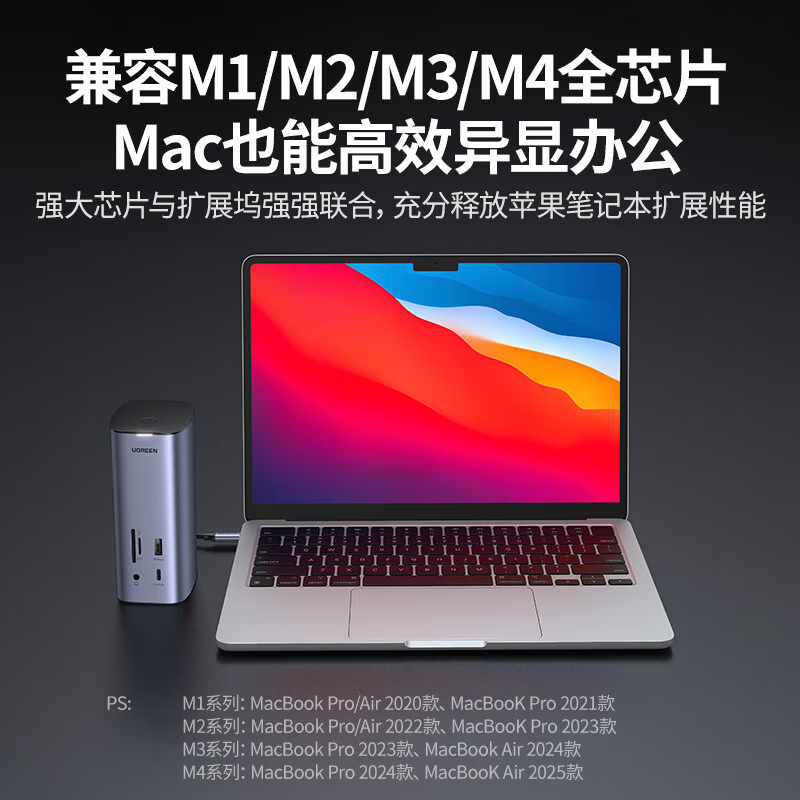 绿联 Type-C桌面立式扩展坞Mac四屏异显DisplayLink双HDMI/DP雷电4/5拓展坞 12合1【四屏异显】90325