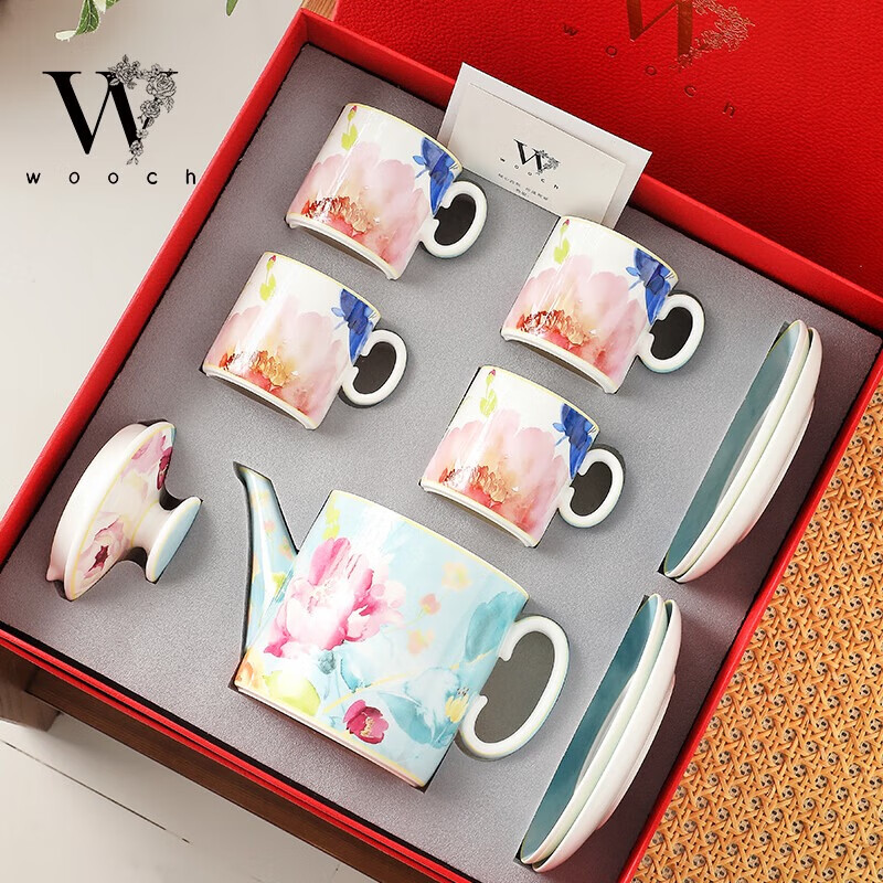 物取（WOOCH）轻奢陶瓷杯碟礼盒装 油画系列1壶4杯碟-白金礼盒 W175