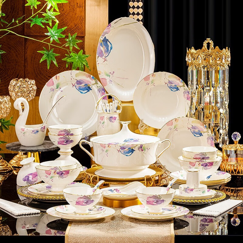 羽泰高档碗筷套装家用新中式景德镇陶瓷碗筷骨瓷餐具饭碗菜盘 寻