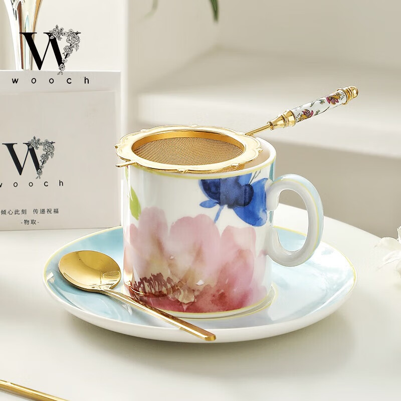 物取（WOOCH）轻奢陶瓷杯碟礼盒装 油画系列1壶4杯碟-白金礼盒 W175