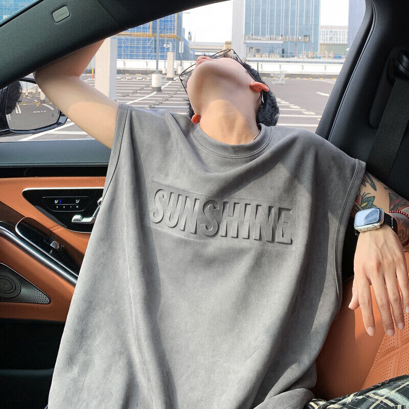 佐菲利冰丝背心男款夏季字母钢印宽松无袖t恤男青少年潮牌运动坎肩汗衫