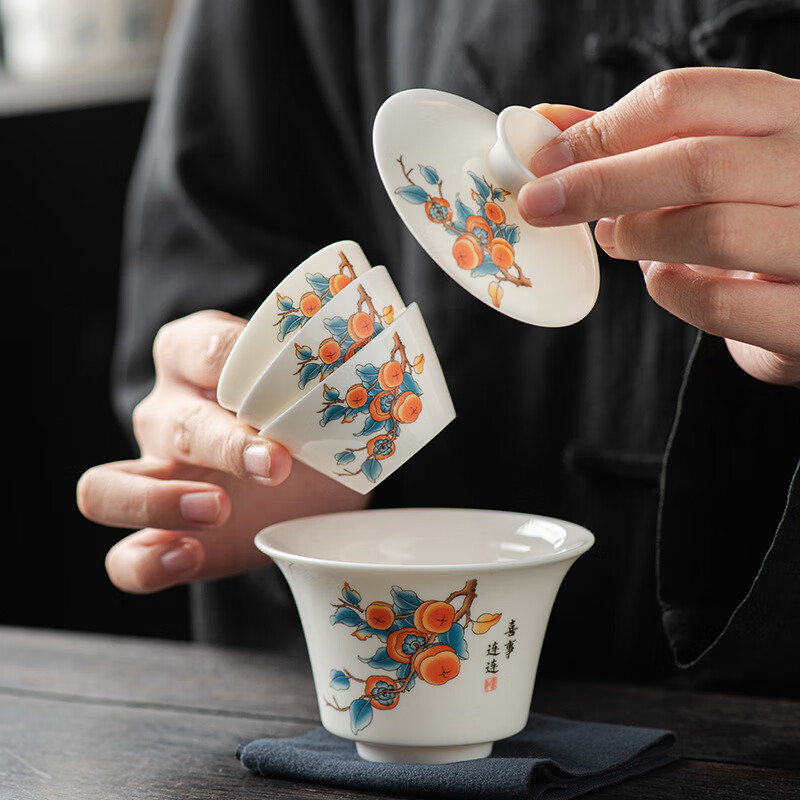 蒋莱羊脂玉白瓷旅行茶具套装 羊脂玉茶具三杯-事事如意