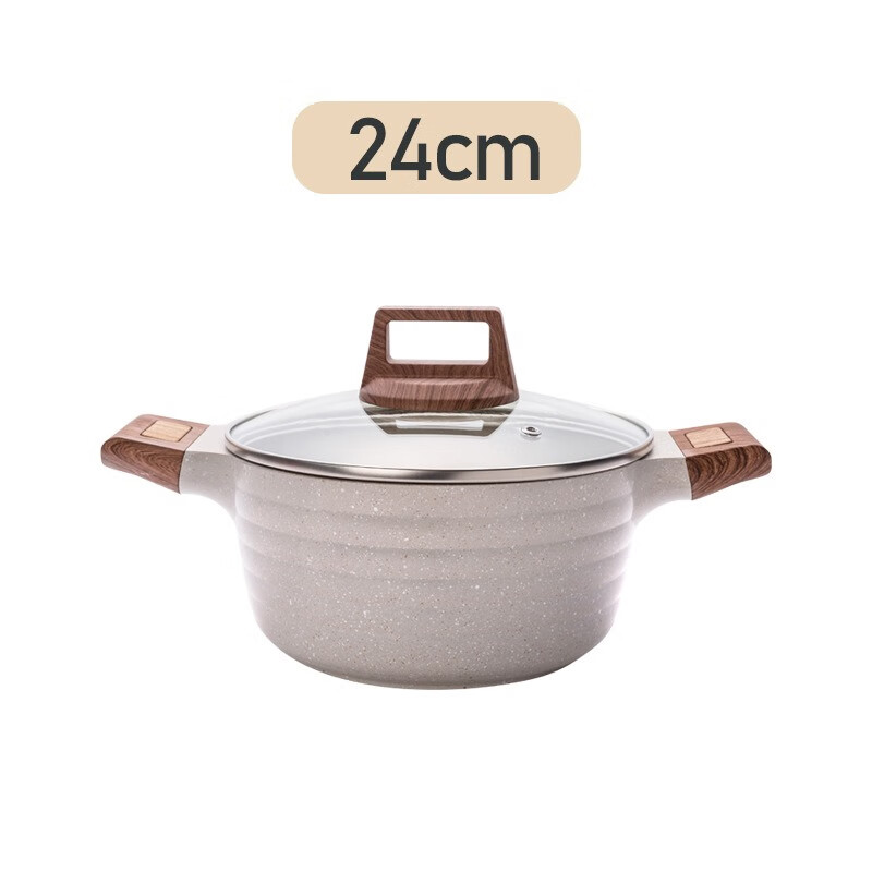 羽泰麦饭石韩式汤锅家用不粘锅通用双耳炖锅 森系条纹汤锅24CM