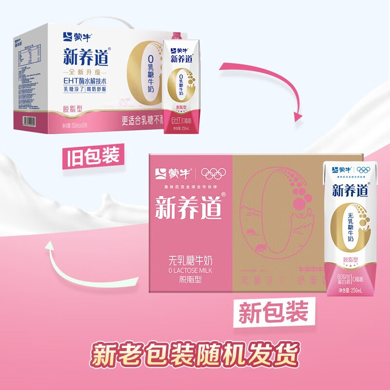 蒙牛新养道零乳糖脱脂牛奶250ml×12盒 0乳糖好吸收 0脂肪