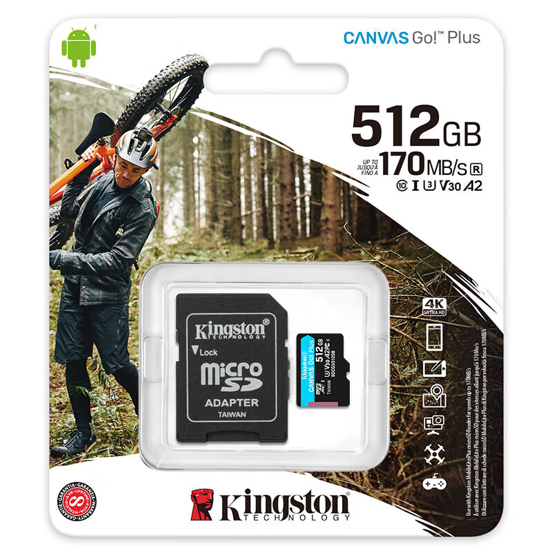 金士顿512GB TF（MicroSD）内存卡U3 V30 A2 4K 读170MB/s游戏机 行车记录仪 运动相机无人机 监控存储卡