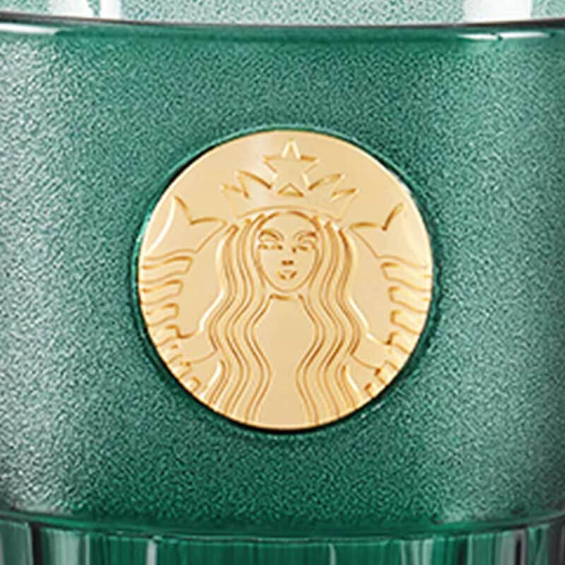 星巴克Starbucks 墨绿色女神铭牌玻璃马克杯咖啡杯办公室桌面杯400ml