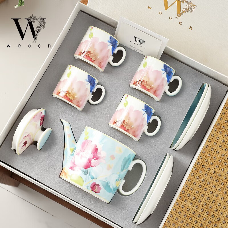物取（WOOCH）轻奢陶瓷杯碟礼盒装 油画系列1壶4杯碟-白金礼盒 W175