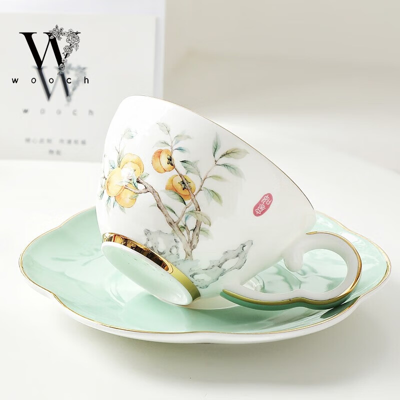 物取（WOOCH）高级陶瓷马克杯杯碟套装 柿柿如意杯碟对杯+白金礼盒 W129