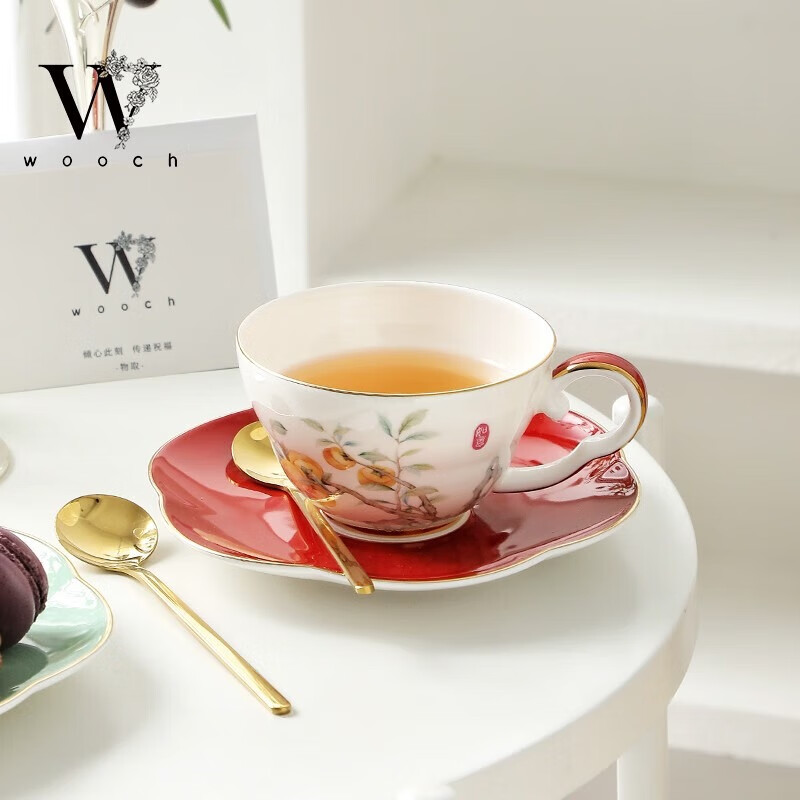物取（WOOCH）高级陶瓷马克杯杯碟套装 柿柿如意杯碟对杯+白金礼盒 W129