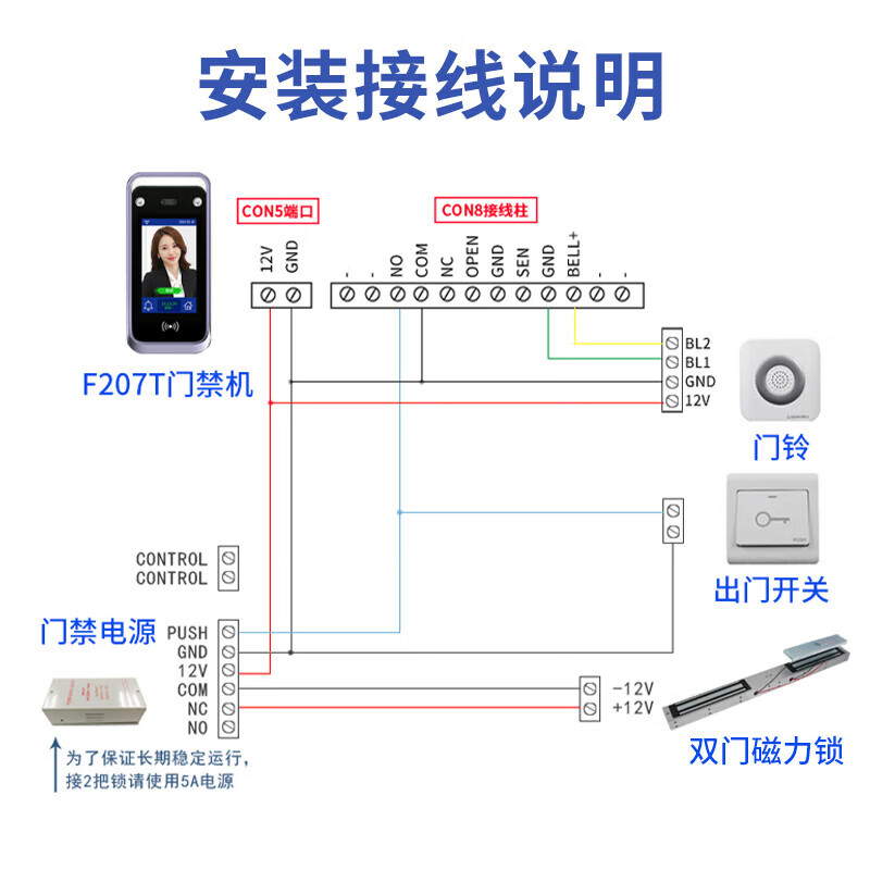 真地（Realand）双门磁力锁磁吸锁带人脸门禁机230kg12V电磁锁套装含出门开关电源门禁卡整套 F207T03