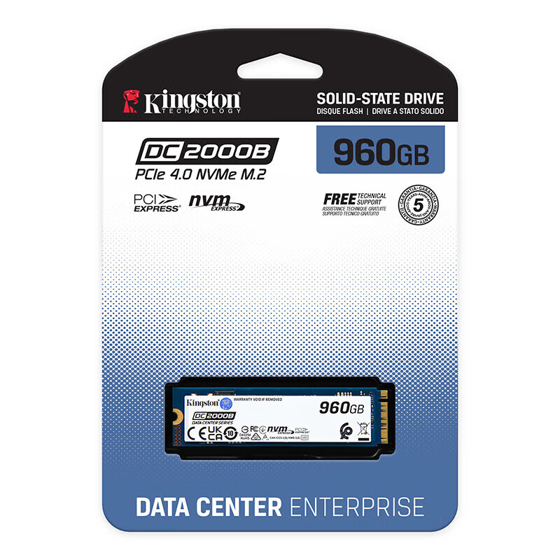 金士顿960GB 企业级SSD固态硬盘 M.2(NVMe PCIe 4.0×4) DC2000系列 读速7000MB/s