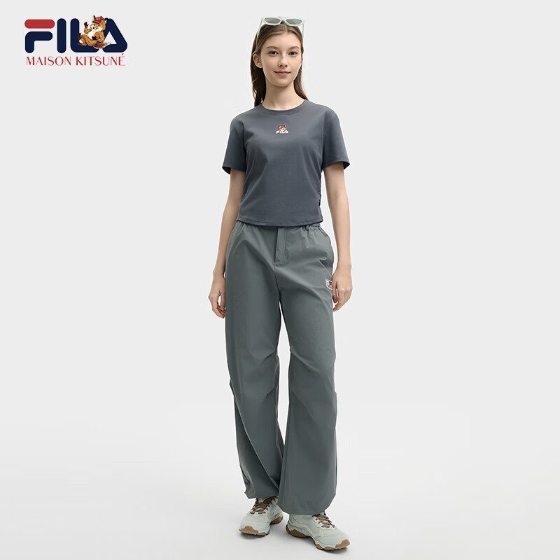 FILA FUSION斐乐官方女子针织短袖衫2025夏季新款简约修身小狐狸刺绣T恤