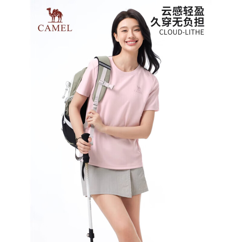 CAMEL骆驼女款短袖衫 夏圆领运动T恤A25BAVV052 梦幻粉 M